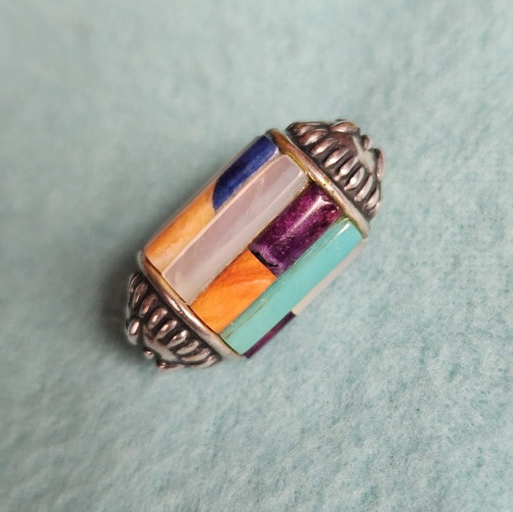 Vintage Southwestern Silver Multi-Stone Inlay Cylinder Charm Pendant